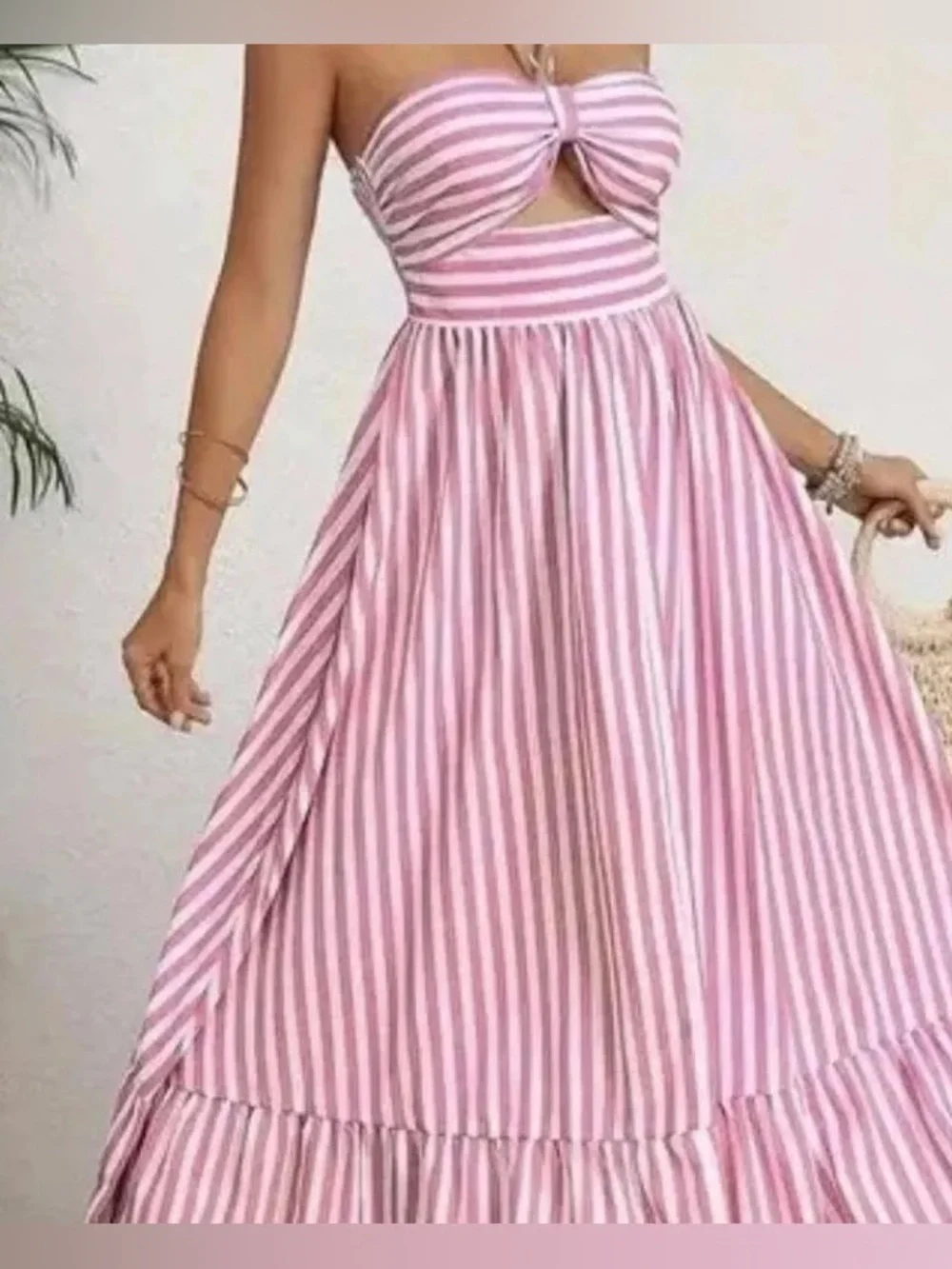 Tessora 100% Cotton Pink White Striped Preppy Cut Out Halter Maxi Dress Small - Picture 1 of 16